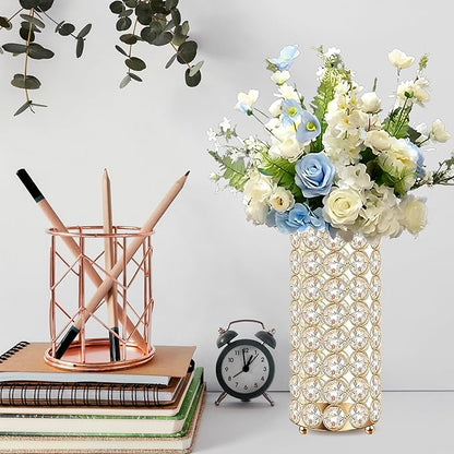 8 Pcs Gold Crystal Flower Vase and Pillar Candle Holder Set, 7.87" Metal Cylinder Stand for Wedding Table Centerpieces, Flower Arrangements, Christmas Party, Event Decor, and Gifts