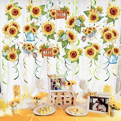 Sunflower Party Hanging Swirls, 48 Pcs,Rustic Horticulture Garden Party Decoration Sign,Flower Theme Party Supplies for Birthday,Baby Shower, Wedding,Yellow Black Green