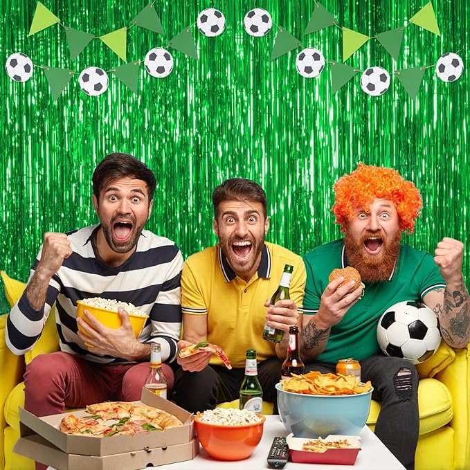 Thicken Green Streamers 2 Pack 3.2 x 8.2 FT, Green Birthday Decrorations Tinsel Backdrop Curtains, Foil Fringe Photo Backdrop for Dinosaur, Football, Christmas, Jungle, Golf Party Decorations