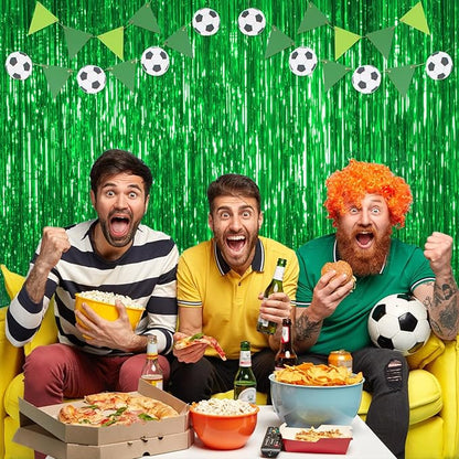 Thicken Green Streamers 2 Pack 3.2 x 8.2 FT, Green Birthday Decrorations Tinsel Backdrop Curtains, Foil Fringe Photo Backdrop for Dinosaur, Football, Christmas, Jungle, Golf Party Decorations