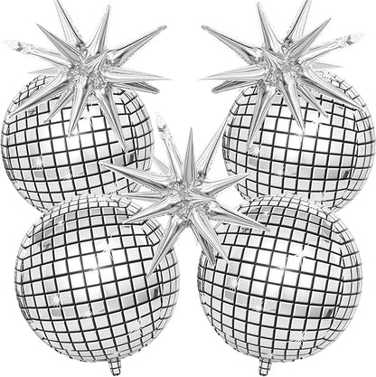 22 Inch Large 4D Metallic Silver Disco Ball Balloon with Explosion Star Foil Balloons for 70s 80s 90s Themed Party, Birthday, New Year, Graduation