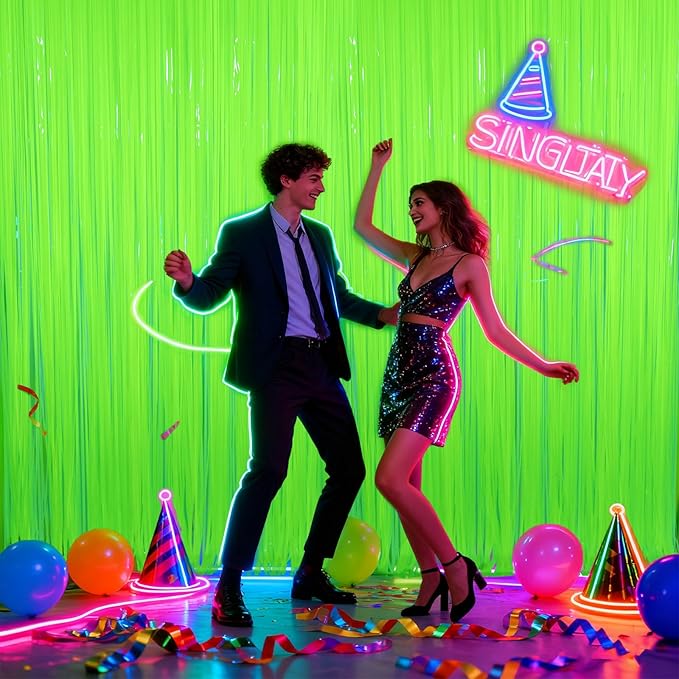 Glow in The Dark Party Supplies, 2 Pack Neon Party Decorations 6.6 x 6.6 ft Fluorescent Macaron Green Tinsel Foil Fringe Curtains, Photo Booth Prop Backdrop UV Blacklight Luminous Streamer