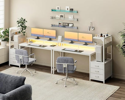 AODK 59 Inch Gaming Desk with USB Charging Ports & LED Light- Reversible Computer Desk with Storage Shelves & Monitor Stand, Modern Gamer Desk Table with Fabric Drawers & Side Hook, Carbon Fiber White