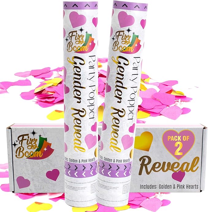 2 Pack Pink Heart-Shaped Confetti Poppers for Baby Gender Reveal | Pink Paper and Gold Mylar Baby Girl Party Supplies