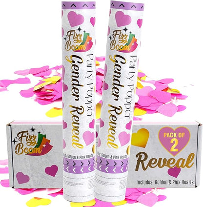 2 Pack Pink Heart-Shaped Confetti Poppers for Baby Gender Reveal | Pink Paper and Gold Mylar Baby Girl Party Supplies