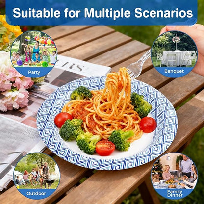 Charmount 300Pcs Paper Plates 8.5 Inch Bulk, 150 Disposable Plates with 150 Clear Plastic Forks, Soak-Proof Tableware for Daily Use, Breakfast, Lunch, Dinner, Party, Camping