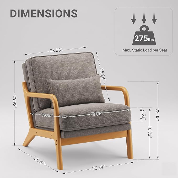 Accent Chair with Solid Wood Frame, Mid-Century Relaxing Armchair Lumbar Pillow& Soft Cushion, Reading Leisure Chair for Living Room, Bedroom, Waiting Room-Grey