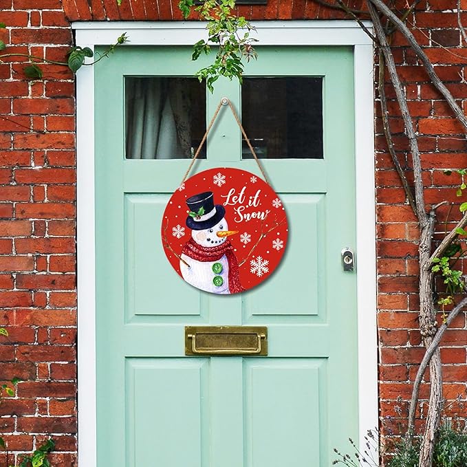 Christmas Snowman Front Door Sign Snowflake Wood Door Hanger for Outdoor Outside Porch xtmas Decorations Welcome Sign Farmhouse Round Wall Hanging Christma Wreath Xmas Decor for Home 12"x12"