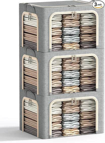 3 Opeings Large Clothes Storage Bins with Metal Frame, Foldable Storage Bin for Clothes, Clothing Storage Bins with Lid, Linen Storage Box With Clear Window＆ Zippers＆ Handles.(3 Pcs,Light Grey,66L)
