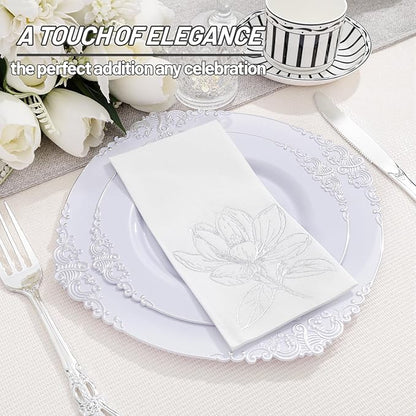 50 Pack Silver Magnolia Napkins - Silver Floral Disposable Napkins - Cloth-Like Feel Dinner Paper - Retro Heavy Duty Hand Towels for Bathroom Wedding Holiday Party Bridal Decorative Towels