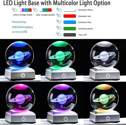 Ornalrist 3D Saturn Crystal Ball, Outer Space Planet Lamp with Silver LED Base, Glass Sphere Miniatures Saturn Lamp Astronomy Physics Science Gifts for Women, Men, Kid Home Decor (3.15 inch)