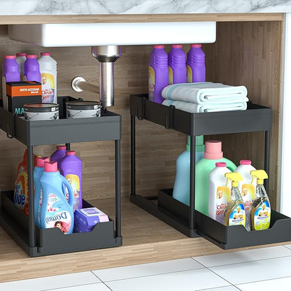 DEKAVA Under Sink Organizer 2 Pack, Bathroom Cabinet Organizer, 2 Tier Sliding Cabinet Basket Organizer Drawer, Multi-Purpose Bath Collection Baskets for Bathroom (Black)
