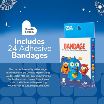 BioSwiss Kids Bandages, Beastie Squad Shaped Self Adhesive Bandage Set, Latex Free, Sterile Wound Care and Adults, 24 Count
