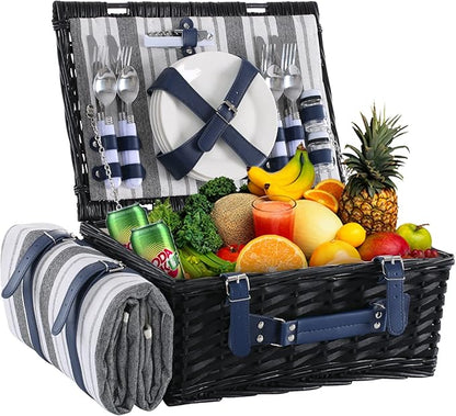 Wicker Picnic Basket for 4 with Waterproof Picnic Blanket and Insulated Cooler, Willow Hamper for Camping, Outdoors, Photoshoot, or a Birthday, Mother's Day, Wedding Gift, Black