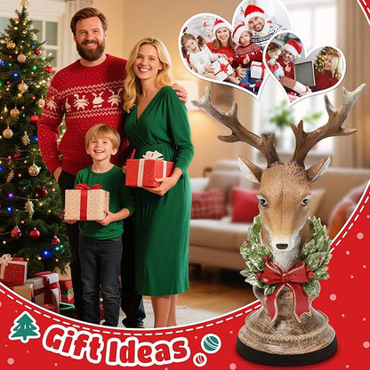 Christmas Reindeer Head Statues, Deer Head with Wreath, Reindeer Christmas Table Decoration for Home Indoor Resin Xmas Deer Figurine Winter Holiday New Year Gift for Woman