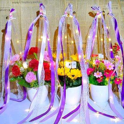 60Pack Light Up Wands,Wedding Wands with 3 Colorful Flashing Modes,LED Silk Fairy Wands with Bells,Glow Ribbon Streamers for Wedding,Mardi Gras,Mother's Day,July 4th,Birthday(Purple)