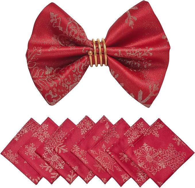Cloth Napkins Set of 8–Square Jacquard Sparkling Metallic Snowflake Fabric Polyester Washable Reusable Cloth Napkins for Kitchen Dinner Dining Restaurant Wedding Table(Red Gold/17x17 Inch)