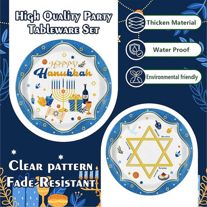 Hanukkah Plates and Napkins Set, Blue White Jewish Party Supplies for 24 Guests - Includes Disposable Paper Plates, Napkins, Cups & Cutlery for Hanukkah Decorations