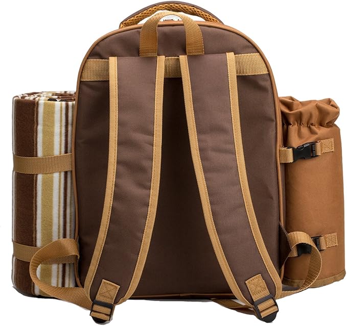 apollo walker Picnic Backpack Bag for 2 Person with Cooler Compartment, Detachable Bottle/Wine Holder, Fleece Blanket, Plates and Cutlery(2 Person, Brown)