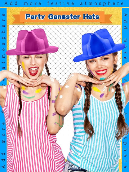 42 Pcs Plastic Party Hat Bulk Neon Fedora Party Hat Colorful Gangster Hats Metallic Party Hats for Men Women Kids Costume Accessory, 6 Colors