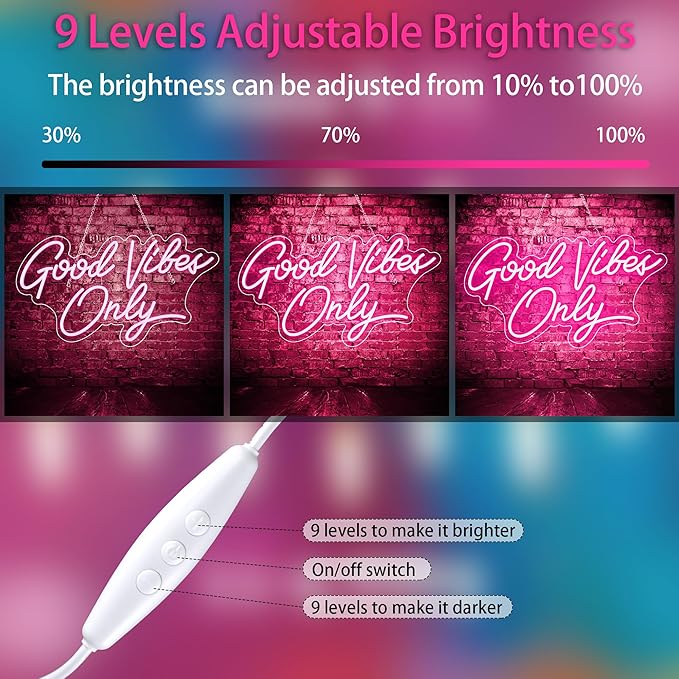 Good Vibes Only Neon Sign for Wall Decor 21.6" x 11.8" Pink LED Fun Vibe Lights for Party, Bedroom, Bar, Wedding Decoration - Best Gifts for Birthday, Christmas