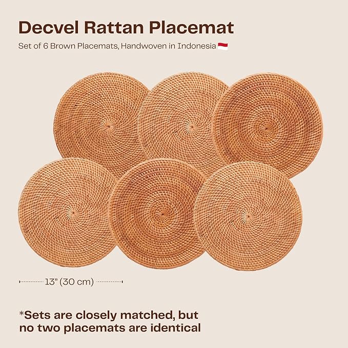 6-Pack Rattan Placemats - 13-inch Round Placemats (Honey Brown) - Woven Place Mats, Round Table Mats - Wicker Chargers for Dinner Plates, Plate Chargers Boho - Rattan Decor, Kitchen Table Decor