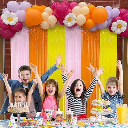 Groovy Foil Fringe Curtains Backdrop Birthday Party Decorations, 2 Pack 3.28 x 6.56 Ft Orange Yellow Pink Tinsel Streamer Photo Booth Props for Girls Hippie Thanksgiving Retro Themed Decor Supplies