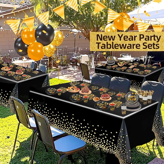 212 Piece New Year Paper Plates and Napkins Disposable Dinnerware Set Serve 30, Includes Happy New Year Plates Napkins Tablecloths Cups Knife Fork Spoon New Years Eve Party Supplies Decorations