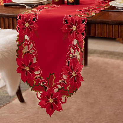 Joyfol Day Christmas Embroidered Red Table Runner 14 x 59 Inch, Cutwork Poinsettia Holly Leaves Acorns Table Runners, for Xmas Holiday Winter Festival Kitchen Dining Tabletop Decoration