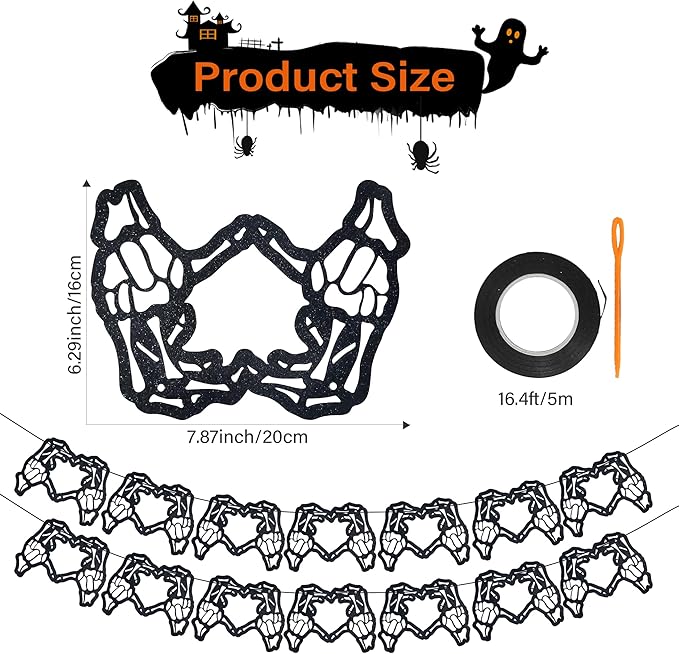 Skeleton Garland, Skeleton Heart Hands Banner, Black Glitter Spooky Hollow Heart Banner, Gothic Birthday Decorations Garland for Bachelorette Party Weddings Halloween Décor(14Pcs Heart)