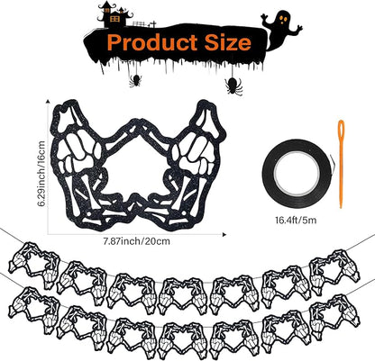 Skeleton Garland, Skeleton Heart Hands Banner, Black Glitter Spooky Hollow Heart Banner, Gothic Birthday Decorations Garland for Bachelorette Party Weddings Halloween Décor(14Pcs Heart)