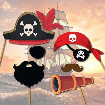 Pirate Photo Booth Props - 41-pc Photobooth Kit with 8 x 10-Inch Sign, 60 Adhesive Pads, 45 Sticks - Pirate Props - Nautical Photo Booth Props - Pirate Ship Props