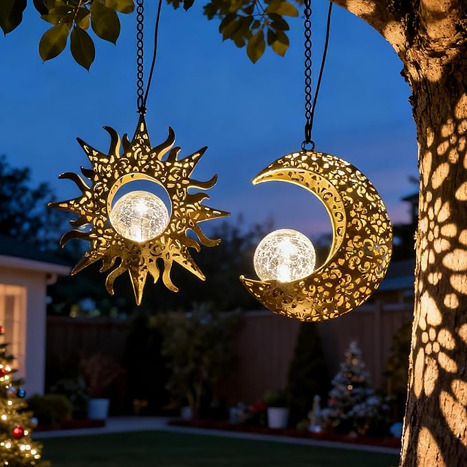 Solar Hanging Sun & Moon Lights Set for Outside,2 Pack Metal Lanterns Pierced Carving Soothing Lamp, Large Decorations for Yard Garden Patio Proch Tree Wall, Christmas Gifts for Women Mom