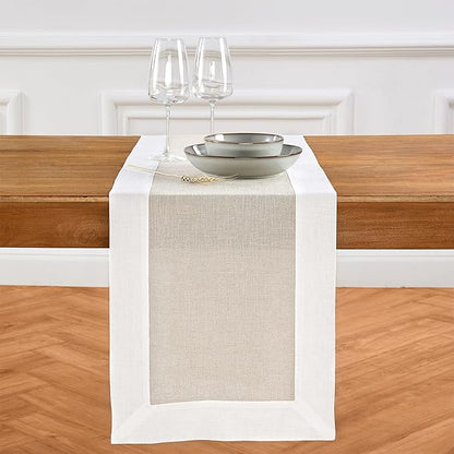 Solino Home Linen Table Runner 90 Inches Long - White and Natural 100% Pure Linen 14 x 90 Inch Table Runner for Dining, Fall, Autumn, Thanksgiving, Holiday, Winter - Contempo