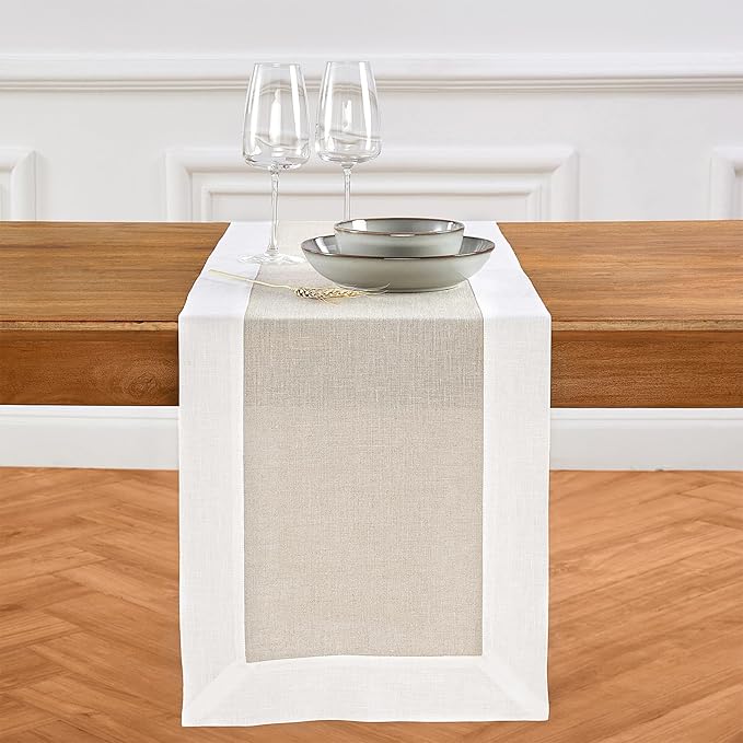 Solino Home Linen Table Runner 108 Inches Long - White and Natural 100% Pure Linen 14 x 108 Inch Table Runner for Dining, Fall, Autumn, Thanksgiving, Holiday, Winter - Contempo