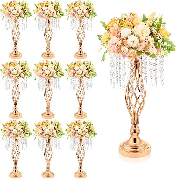 Wesiti 10 Pcs Crystal Gold Flower Stand Elegant Metal Flower Arrangement Stand with Chandelier Crystals 17.7" Tall Gold Vase for Centerpieces Wedding Reception Hotel Favor