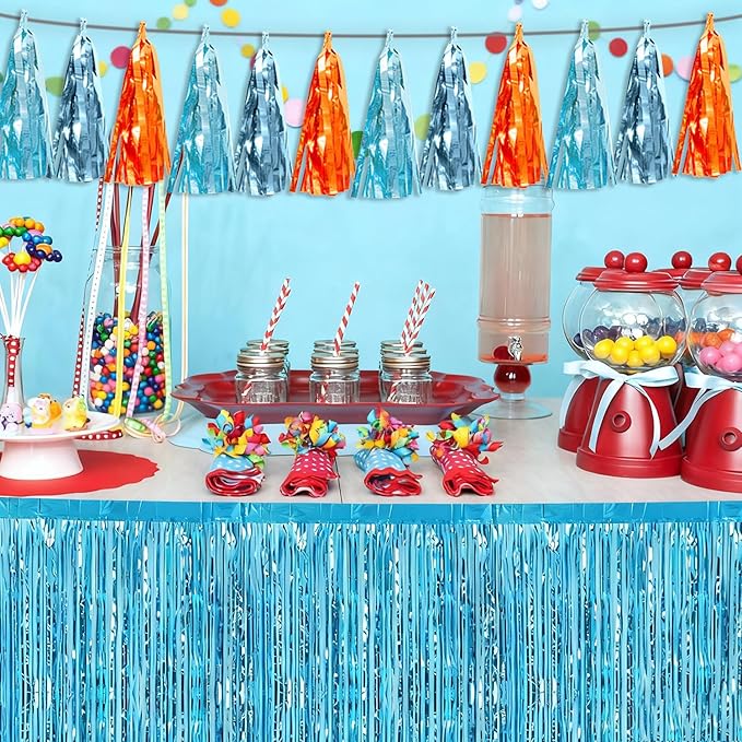 3P Lake Blue Light Blue-Orange Tassel Banner Garland Metallic Foil Fringe Banner Tinsel Tassels Streamer Banner Backdrop for Parade Floats,Graduation Decorations, Wedding Party Decoration