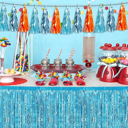 3P Lake Blue Light Blue-Orange Tassel Banner Garland Metallic Foil Fringe Banner Tinsel Tassels Streamer Banner Backdrop for Parade Floats,Graduation Decorations, Wedding Party Decoration