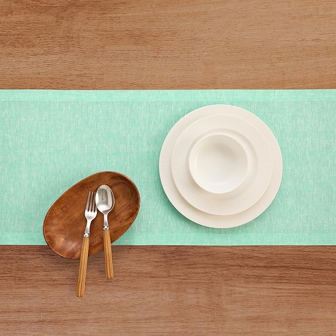 Solino Home Linen Table Runner 120 Inches Long - Athena, 100% Pure Linen Chambray Aqua Dining Table Runner 14 x 120 Inch for Thanksgiving
