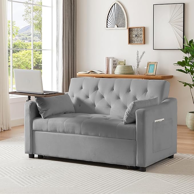 3-in-1 Convertible Sleeper Sofa Bed, Pullout Couch with 360° Swivel Side Table, Modern Chenille Fabric, Easy to Assemble, Folding Loveseat Sofa Bed for Living Room & Guest Room