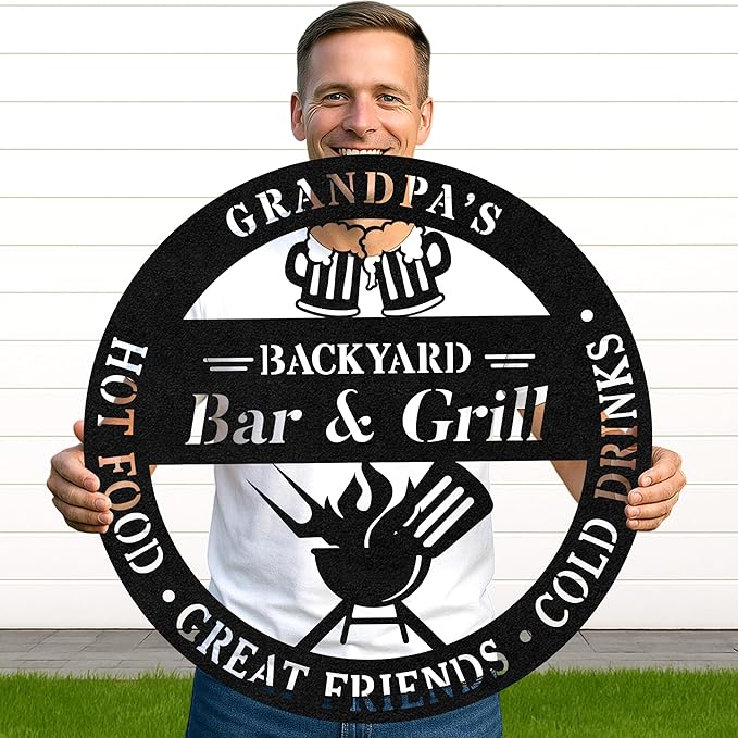 Custom BBQ Fire Pit Metal Sign, Personalized Grill Cut Name Wall Decor for Outdoor Garden, Rustic Patio Barbecue Decor