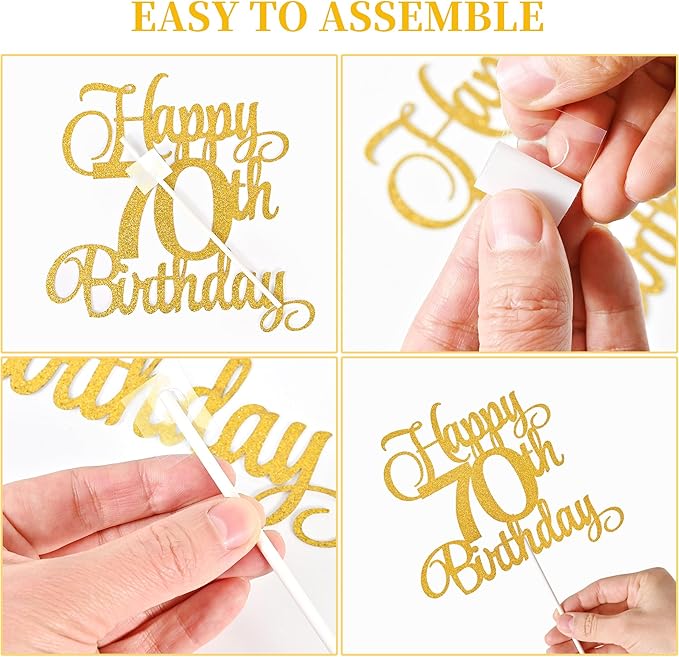 70th Birthday Cake Decorations, 70th Birthday Candles Cake Numeral Candles and Glitter Happy 70th Birthday Cake Toppers Set for Birthday Party Supplies (Gold)