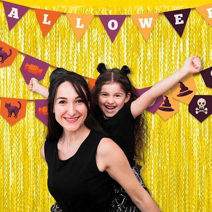 4 Pack Macaron Yellow Fringe Curtain Backdrop 3.2Ft x 8.2Ft Metallic Tinsel Foil Fringe Streamers Background for Photo Booth Mother's Day, Easter, Carnival, Birthday, Wedding Party Decoration