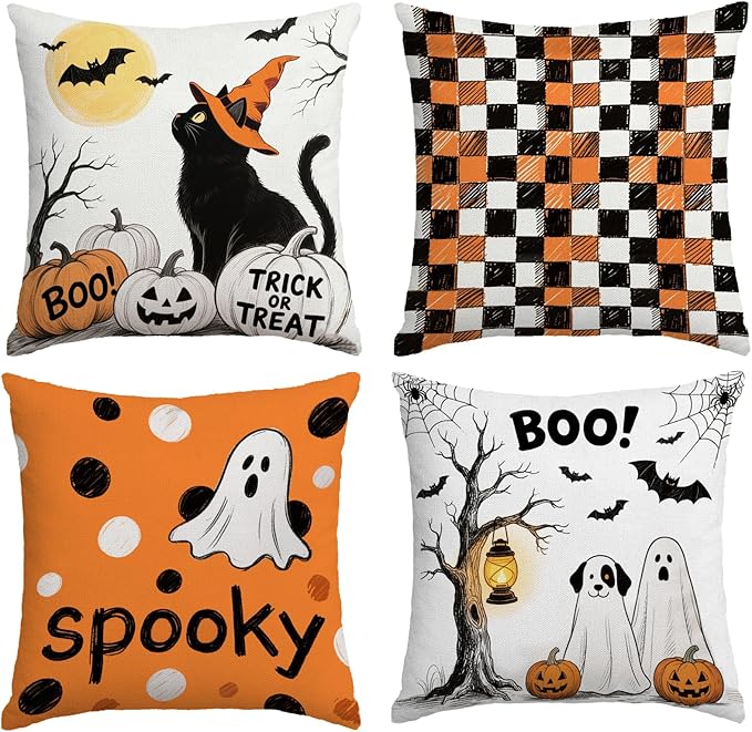 Halloween Ghost Pillow Covers 18x18 Inch,Set of 4 Vintage Halloween Decor Indoor Outdoor Throw Pillow Covers, Trick or Treat Orange Black Linen Cushion Case for Home Sofa Couch Bedroom Chair