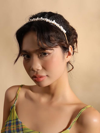 MINACHI Created White Quartz Chip Hairband – Boho Bridal Accessories Gold-tone Wire Wrapped Hairband for Women