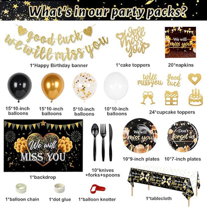 We Will Miss You Decorations, Going Away Party Decorations, Farewell Decorations Party Includes Black & Gold Balloons, Backdrop, Banner, Tablecloth, Plates, Napkins, Cake Toppers for Retirement