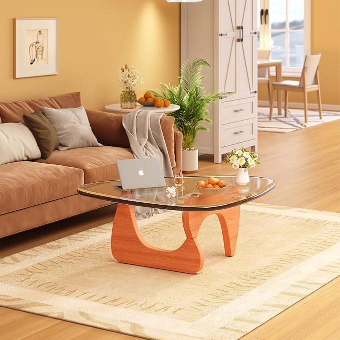 Coffee Table for Living Room Mid Century Modern Center Small Table with Glass Top and Wood, Walnut Transparent(32 Inch)