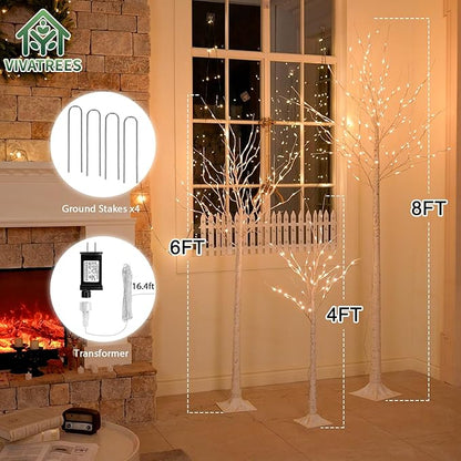 4ft & 6ft & 8ft LED Birch Tree Set, with Warm White Lights for Outdoor Indoor Christmas & Wedding Decor (3 Sizes Pack)