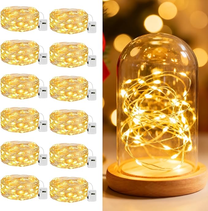 litogo 12 Pack 7FT 20 LED Fairy Lights Battery Operated, 3 Lighting Modes, Bulk Mini Twinkle String Lights Waterproof Silver Wire for Weddings Mason Jars Party Christmas Decorations-Warm White