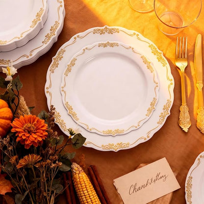 U-QE 100PCS Gold Thanksgiving Plates Disposable - Heavy Duty White and Gold Plates Including 50PCS 10'' Dinner & 50PCS 7.5'' Dessert Plates Perfect for Upscale Party, Wedding